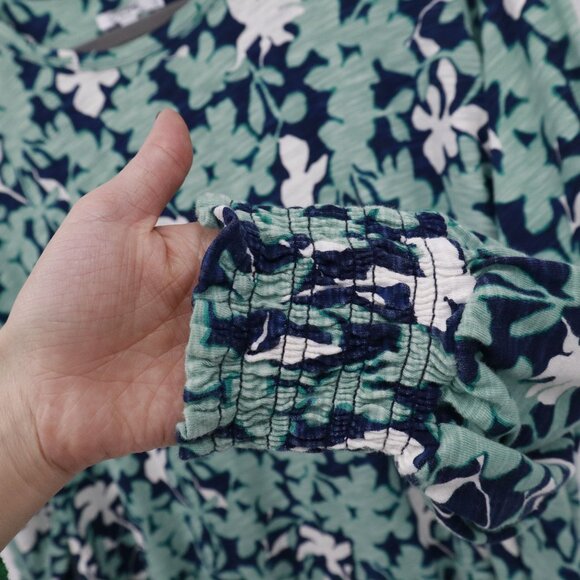 Chico's Floral Smocked Cuff Tee Womens XL Blue Bloomcore Peasant Boho Hippie‎ - Picture 6 of 16